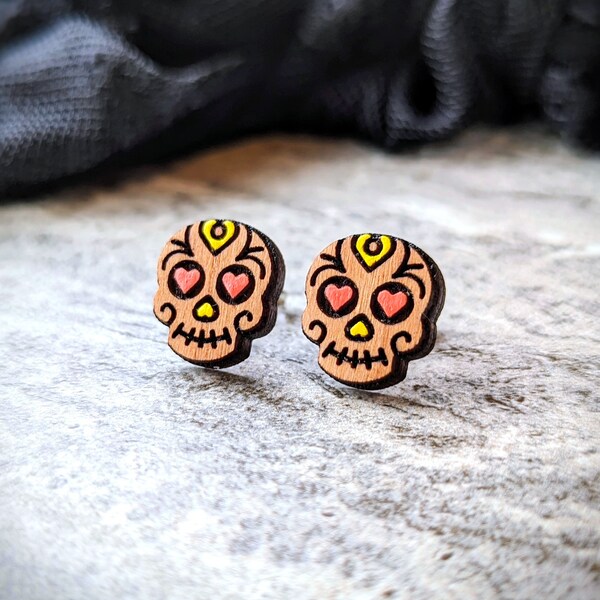 Sugar Skull Earrings • Dia de los Muertos • Day of the Dead • Solid Wood Hand Painted Studs • Halloween Jewelry