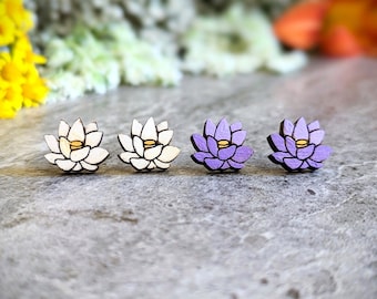 Waterlily Earrings • July Birth Flower Earrings • Hand Painted Wood Studs • Whimsical Dainty Floral Jewelry • Water Lily • Lotus Earrings