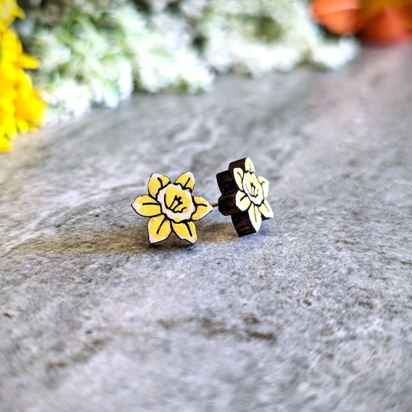 Daffodil Earrings • March Birth Flower Earrings • Hand Painted Wood Studs • Whimsical Dainty Floral Jewelry • 5th Anniversary Gift