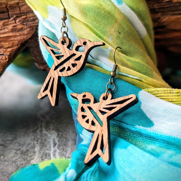 Hummingbird Earrings • Handmade Nature Inspired Wooden Jewelry • 5th Anniversary Gift • Cottagecore • Boho Modern • Wanderlust Jewelry