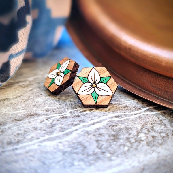 Trillium Earrings • Wanderlust & Nature Jewelry •  Wooden Hexagon Button Stud Earrings • Flower Jewelry