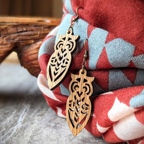 Owl Earrings • Handmade Nature Inspired Wooden Jewelry • Bird Earrings • Fall And Autumn • Night Owl Gift