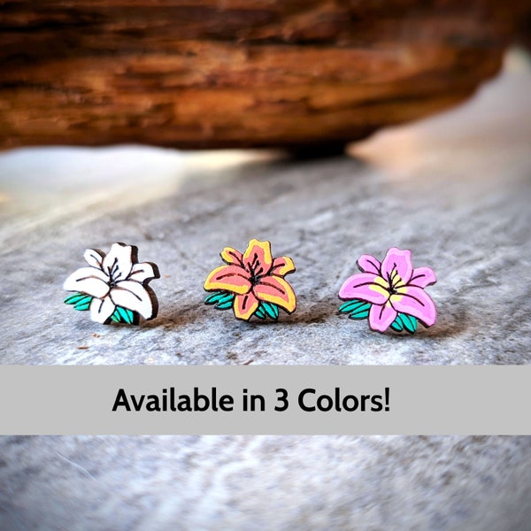 Lily Earrings • White Pink and Orange Lilies Floral Jewelry • Flower Earrings • Hand Painted Wood Studs • Wedding & Bridal Party