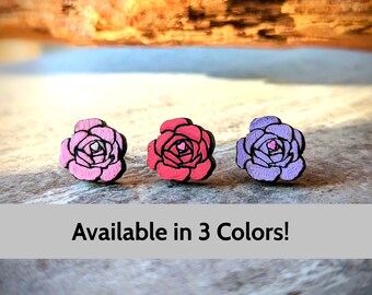 Rose Earrings • June Birth Flower Earrings • Hand Painted Wood Studs • Whimsical Dainty Floral Jewelry • 5th Anniversary Gift