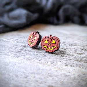 Jack O&#39; Lantern Stud Earrings • Halloween & Harvest Earrings • Hand Engraved and Painted Wood Studs • Whimsical Jewelry