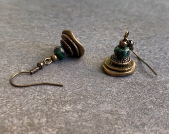 Small bronze earrings with natural stone ruby zoisite