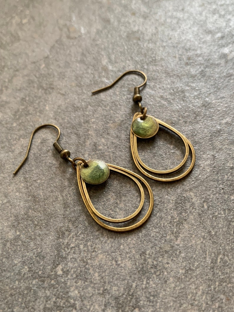 Minimalist hanging earrings with green resin image 5