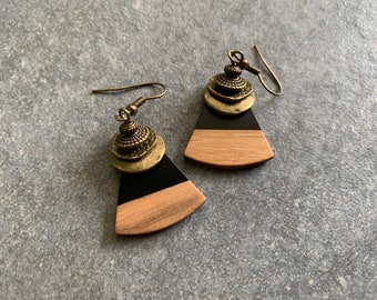 Black wooden earrings with bronze metal beads, resin earrings, hanging earrings