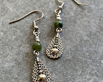 Small boho earrings with green jade beads