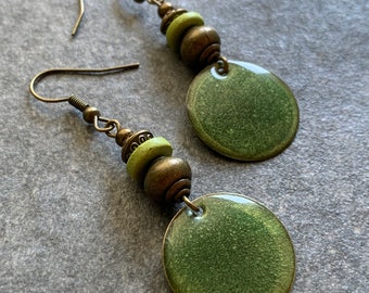 Green resin earrings with ceramic, resin earrings