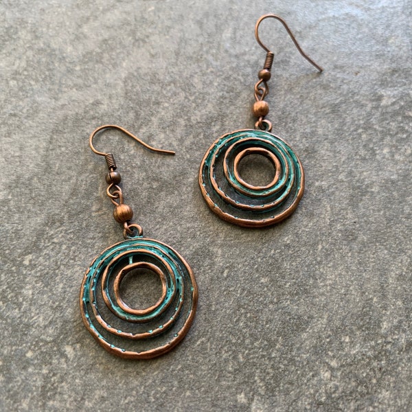 Copper earrings with blue patina, hanging earrings,