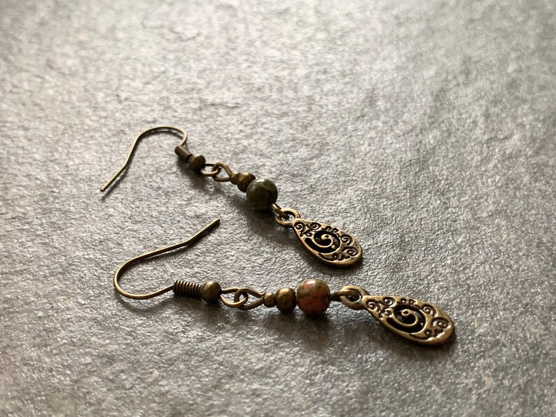 Small hanging earrings with unakite beads image 7