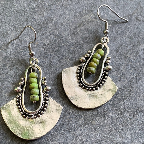 Boho earrings with marbled green glass beads