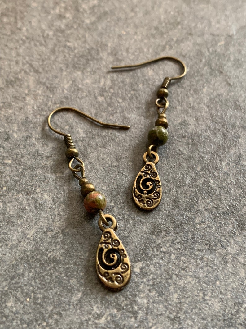 Small hanging earrings with unakite beads image 8