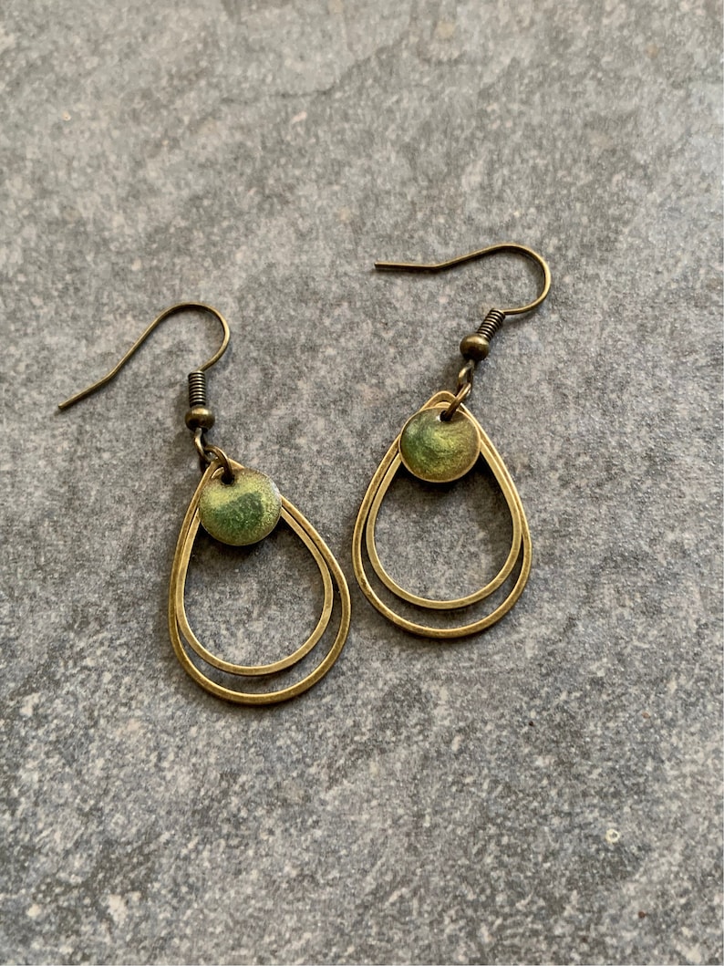 Minimalist hanging earrings with green resin image 6