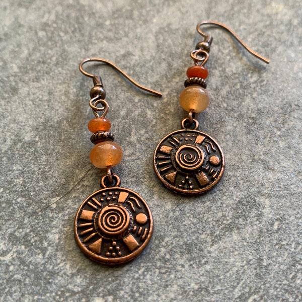 Copper earrings with orange abacus beads
