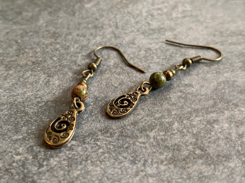 Small hanging earrings with unakite beads image 6