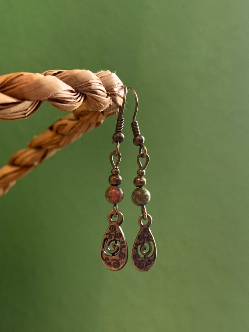 Small hanging earrings with unakite beads image 5
