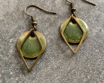 Green hanging earrings with resin, resin