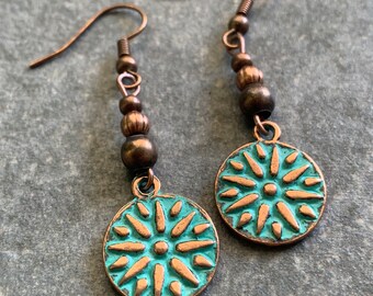 Copper earrings with blue patina, hanging earrings, star, flower