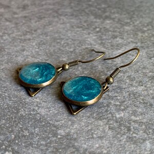 Hanging earrings with textured turquoise resin, triangles, bronze resin earrings image 7