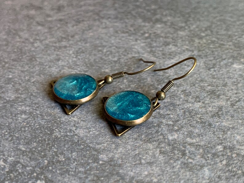 Hanging earrings with textured turquoise resin, triangles, bronze resin earrings image 7