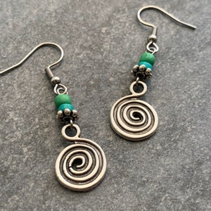 Boho earrings with spiral, silver, green, blue, hanging earrings