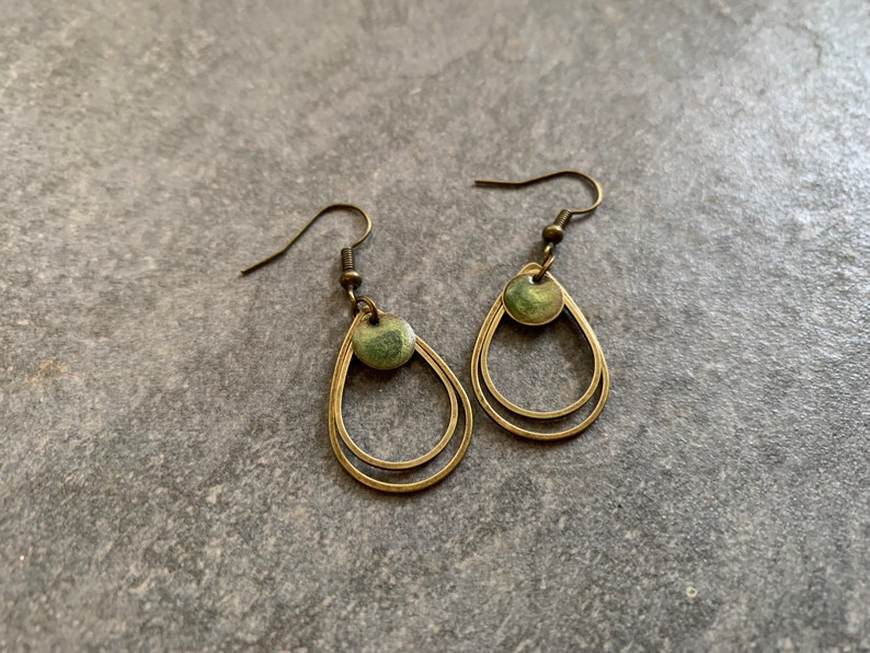 Minimalist hanging earrings with green resin image 8