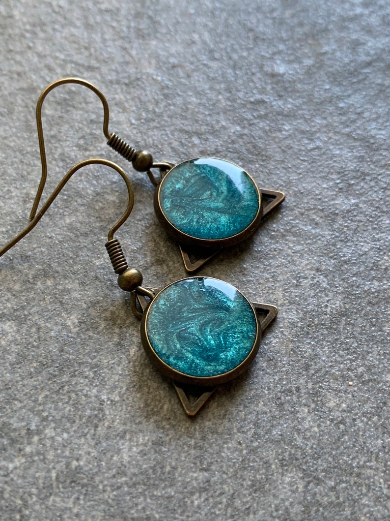 Hanging earrings with textured turquoise resin, triangles, bronze resin earrings image 8