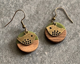 Bird earrings wood green, hanging resin earrings