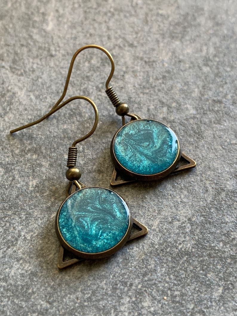 Hanging earrings with textured turquoise resin, triangles, bronze resin earrings image 1