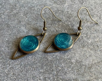 Turquoise resin earrings, bronze resin earrings, epoxy resin