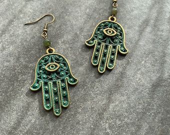 Hamsa, green agate, hand of Fatima, bronze with patina, hanging earrings