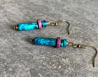 Hanging earrings with blue and purple ceramic beads