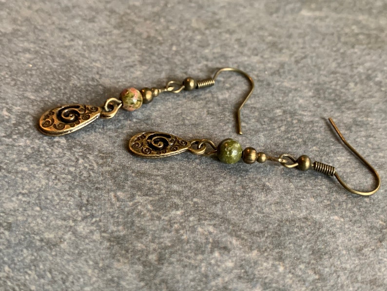 Small hanging earrings with unakite beads image 9