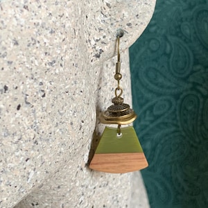May include: A pair of green and brown wood earrings with a brass charm hanging from the bottom.