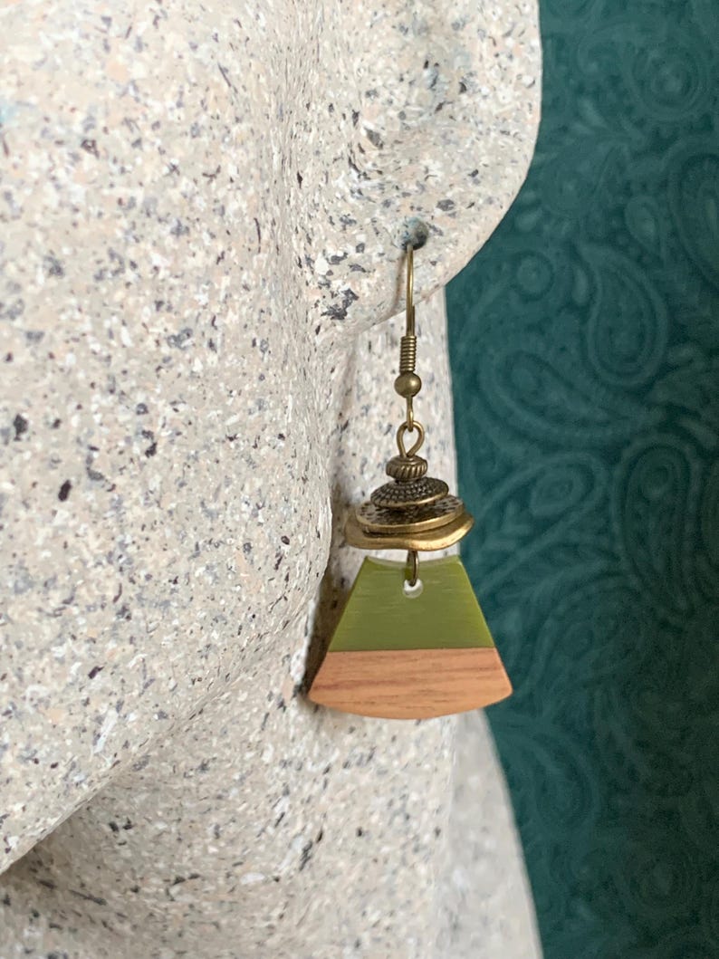 May include: A pair of green and brown wood earrings with a brass charm hanging from the bottom.