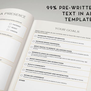 May include: A checklist for social media goals with a list of 10 goals to focus on for the next 6 months. The goals include showcasing products or services, increasing brand awareness, driving traffic to a website or landing pages, generating leads or conversions, boosting engagement and interactions, building a community, enhancing customer support and satisfaction, establishing leadership, and other.