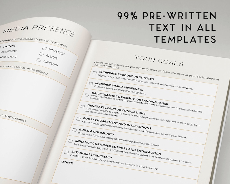 May include: A checklist for social media goals with a list of 10 goals to focus on for the next 6 months. The goals include showcasing products or services, increasing brand awareness, driving traffic to a website or landing pages, generating leads or conversions, boosting engagement and interactions, building a community, enhancing customer support and satisfaction, establishing leadership, and other.