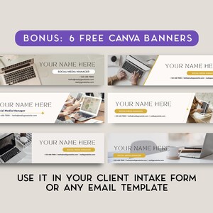 May include: Six free Canva banner templates for social media managers. Each banner features a laptop, a person using a laptop, and a white background with gold accents. The text "YOUR NAME HERE" and "SOCIAL MEDIA MANAGER" is included on each banner.