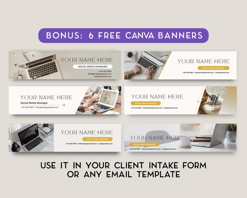 May include: Six free Canva banner templates for social media managers. Each banner features a laptop, a person using a laptop, and a white background with gold accents. The text "YOUR NAME HERE" and "SOCIAL MEDIA MANAGER" is included on each banner.