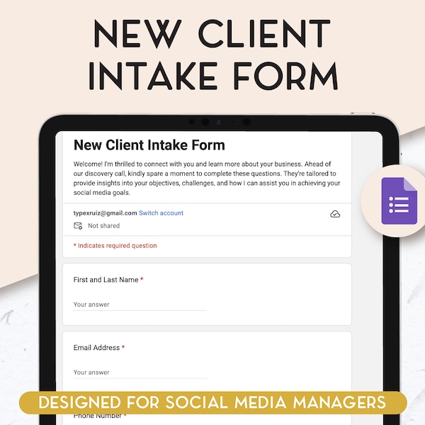 New Client Intake Form, Discovery call template, Client Questionnaire, Social Media Manager Templates, Client Onboarding, Virtual Assistants