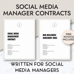 May include: Two white documents with text, "Social Media Management Contract" and "Non-Disclosure Agreement (NDA)". The documents are labeled "Written for Social Media Managers" and include a "Free Invoice Included" sticker.