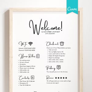 Szablon znaku powitalnego dla wynajmu wakacyjnego, Zasady wynajmu wakacyjnego, Znak powitalny dla gości, znak hasła do sieci Wi-Fi, znaki zameldowania i wymeldowania,