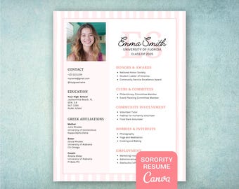 Sorority Rush Editable Resume with Photo, Preppy Sorority Resume, Sorority Recruitment Cover Letter, Pink Stripe Social Resume Template
