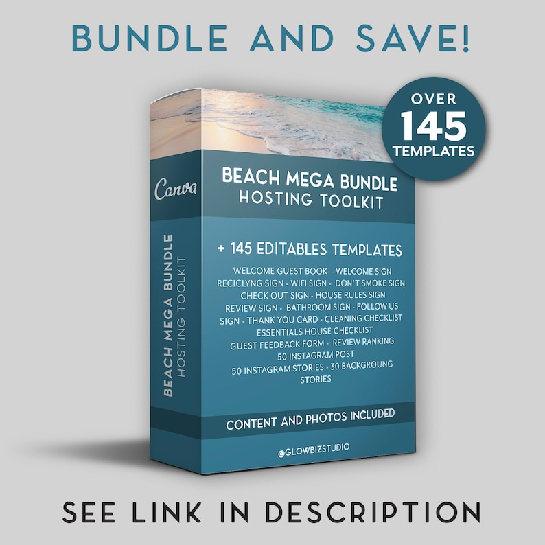 May include: A blue and white Canva template for a beach themed hosting toolkit. The template features a beach scene with a blue ocean and white sand. The text on the template reads "Beach Mega Bundle Hosting Toolkit" and "Over 145 Templates".