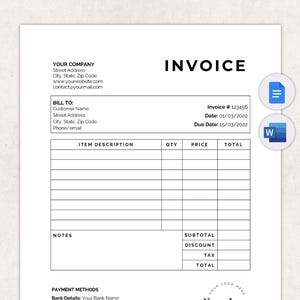 Minimalist invoice template word, Small Business invoice editable, Printable Receipt, Digital Download, Billing template, Invoice form
