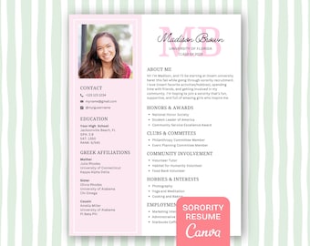Rosa Sorority Rush Lebenslauf mit Foto, Preppy Sorority Resume, Sorority Rekrutierung Anschreiben, Sage Stripe Social Resume Vorlage