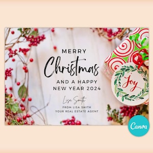 Kerstkaart onroerend goed, nieuwjaarskaart, 2025 onroerend goed decemberkaart, marketing, bewerkbare ansichtkaartsjabloon, langskomen voor agenten
