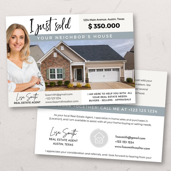 I Just Sold your neighbors house, Real Estate Postcard Farming, Real estate postcard just sold, Thinking of selling postcard, Editable